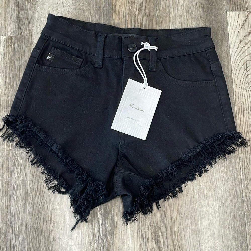 KanCan Women's Jean Shorts Size 23 Black High Rise Cut-Off Denim Fringe Stretch